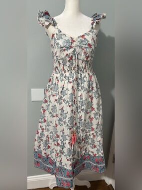 Sal Rosa, Floral Ruffle-Sleeve Side pockets Midi Dress in Cream and Blue Size L